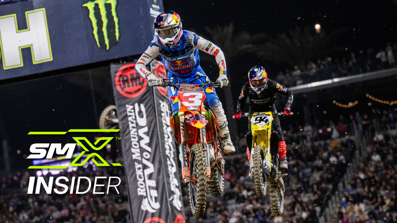 Photo of Eli Tomac leading Ken Roczen with SMX Insider logo